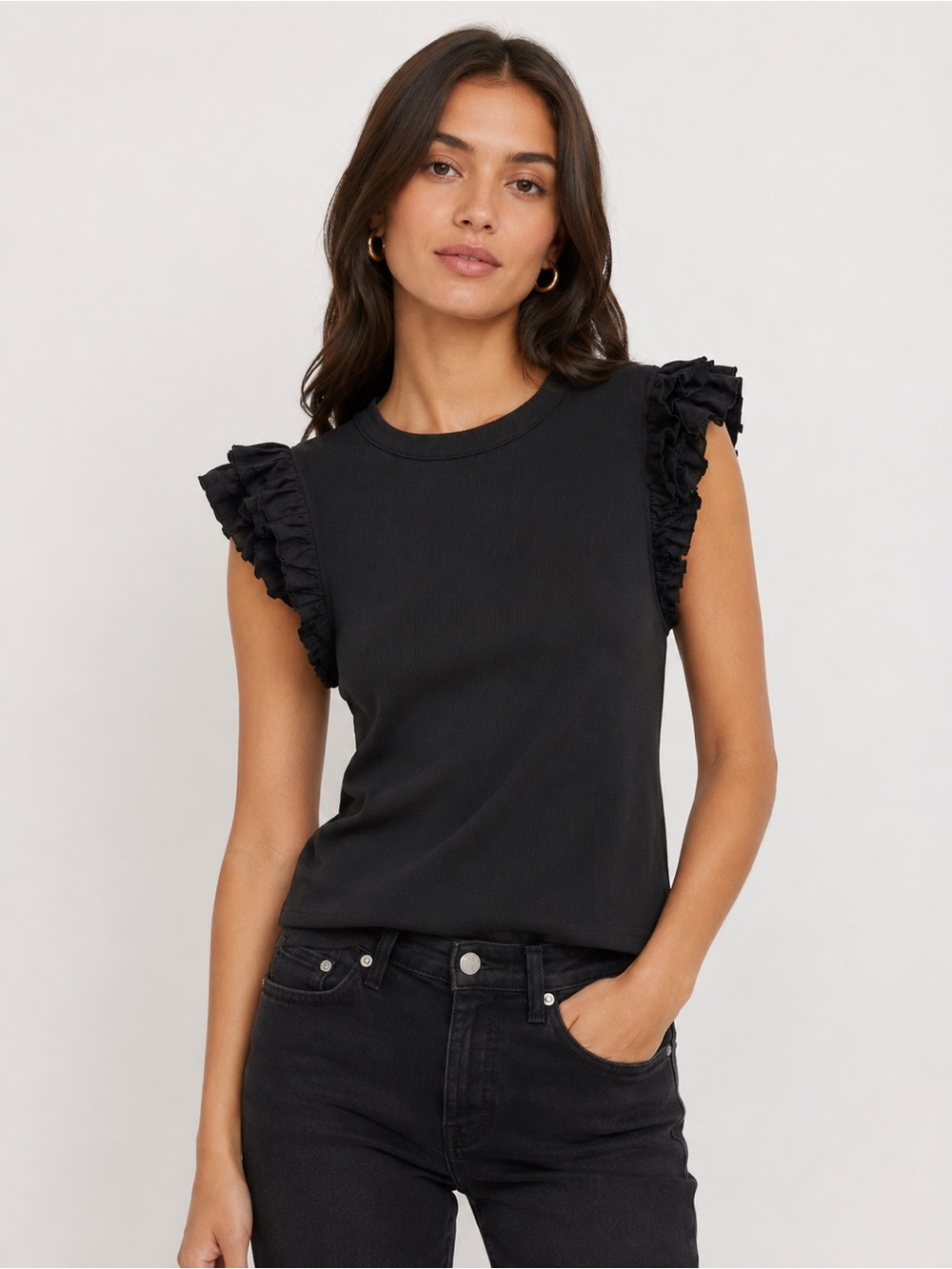 🌺 Rails Black Ribbed Ruffle Sleeve Stretch Top